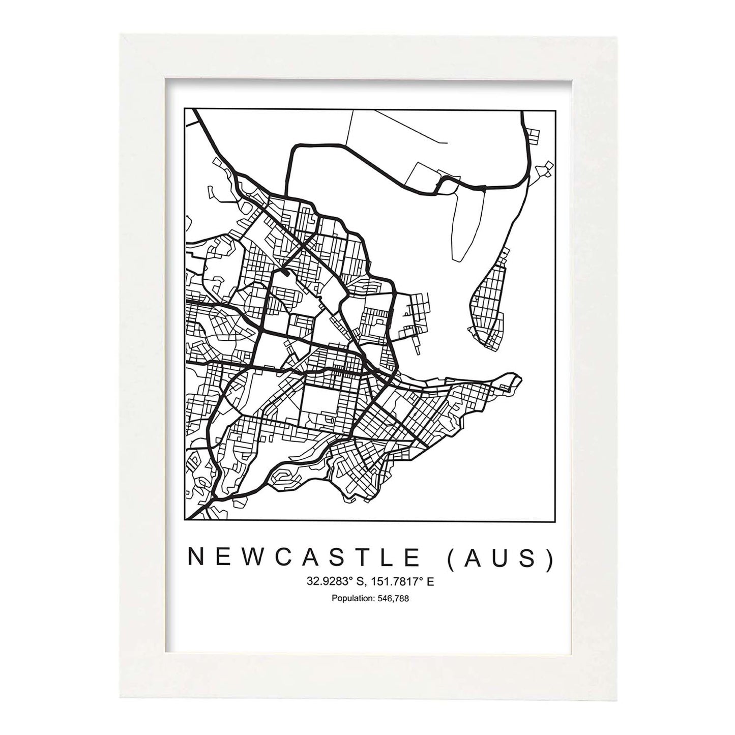 Lámina mapa de la ciudad Newcastle (aus) estilo nordico en blanco y negro.-Artwork-Nacnic-A3-Marco Blanco-Nacnic Estudio SL