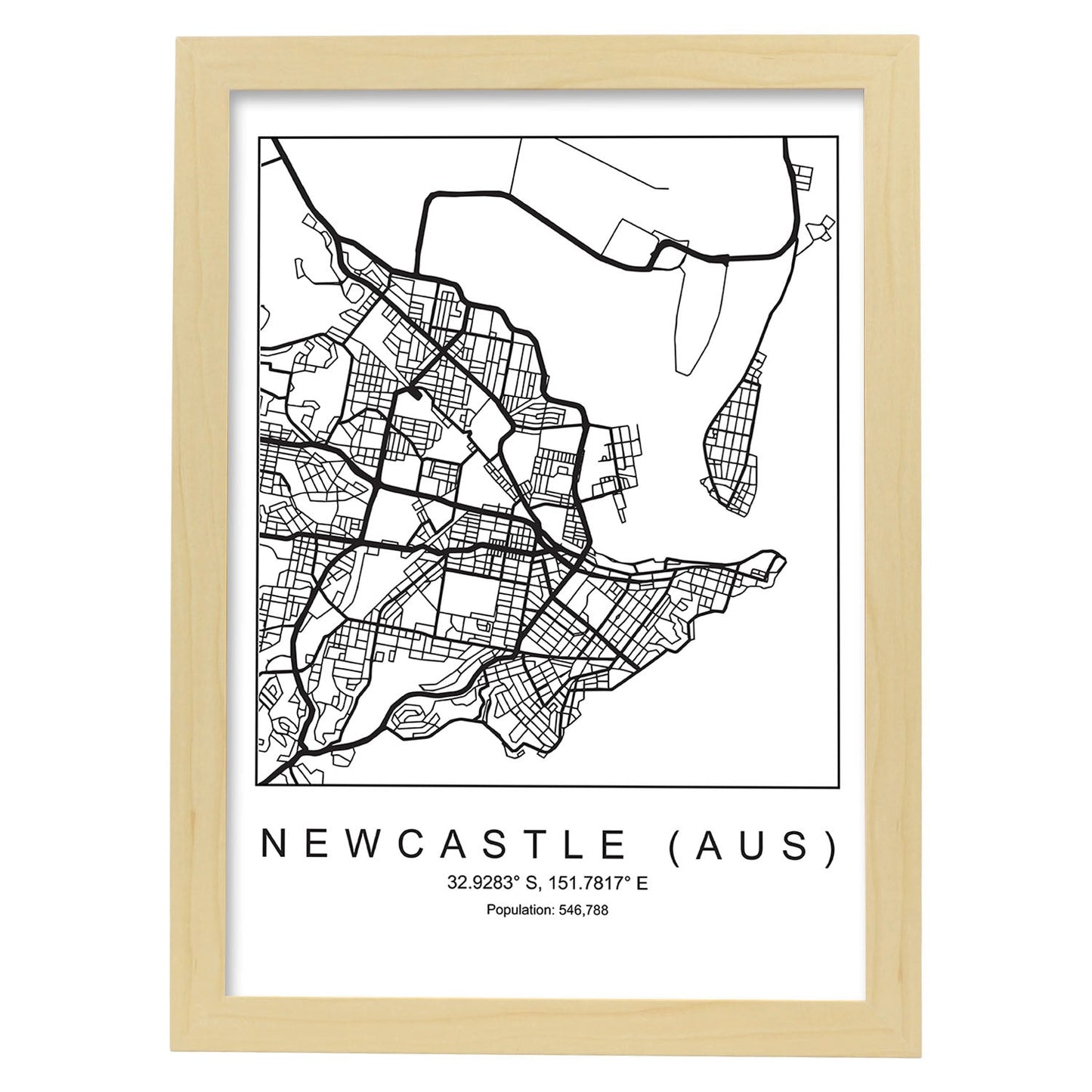 Lámina mapa de la ciudad Newcastle (aus) estilo nordico en blanco y negro.-Artwork-Nacnic-A3-Marco Madera clara-Nacnic Estudio SL