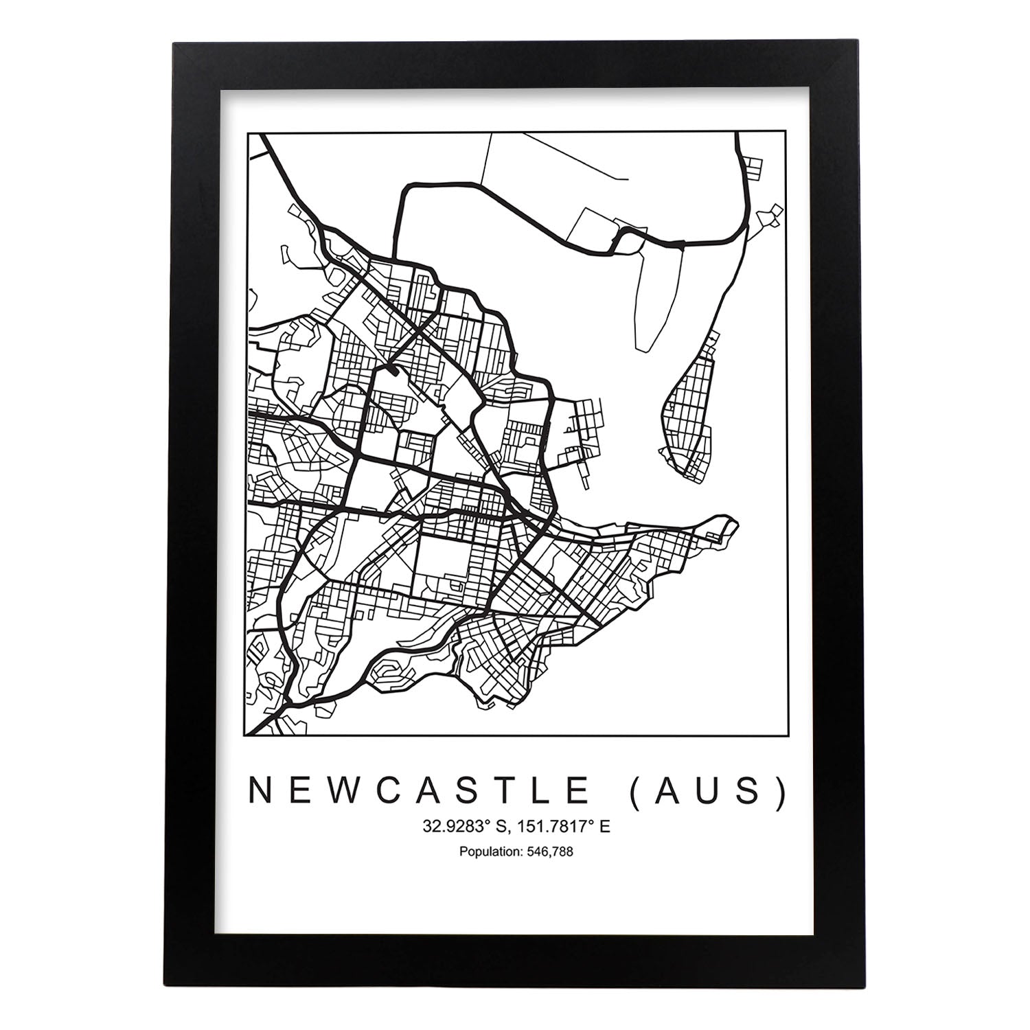 Lámina mapa de la ciudad Newcastle (aus) estilo nordico en blanco y negro.-Artwork-Nacnic-A3-Marco Negro-Nacnic Estudio SL