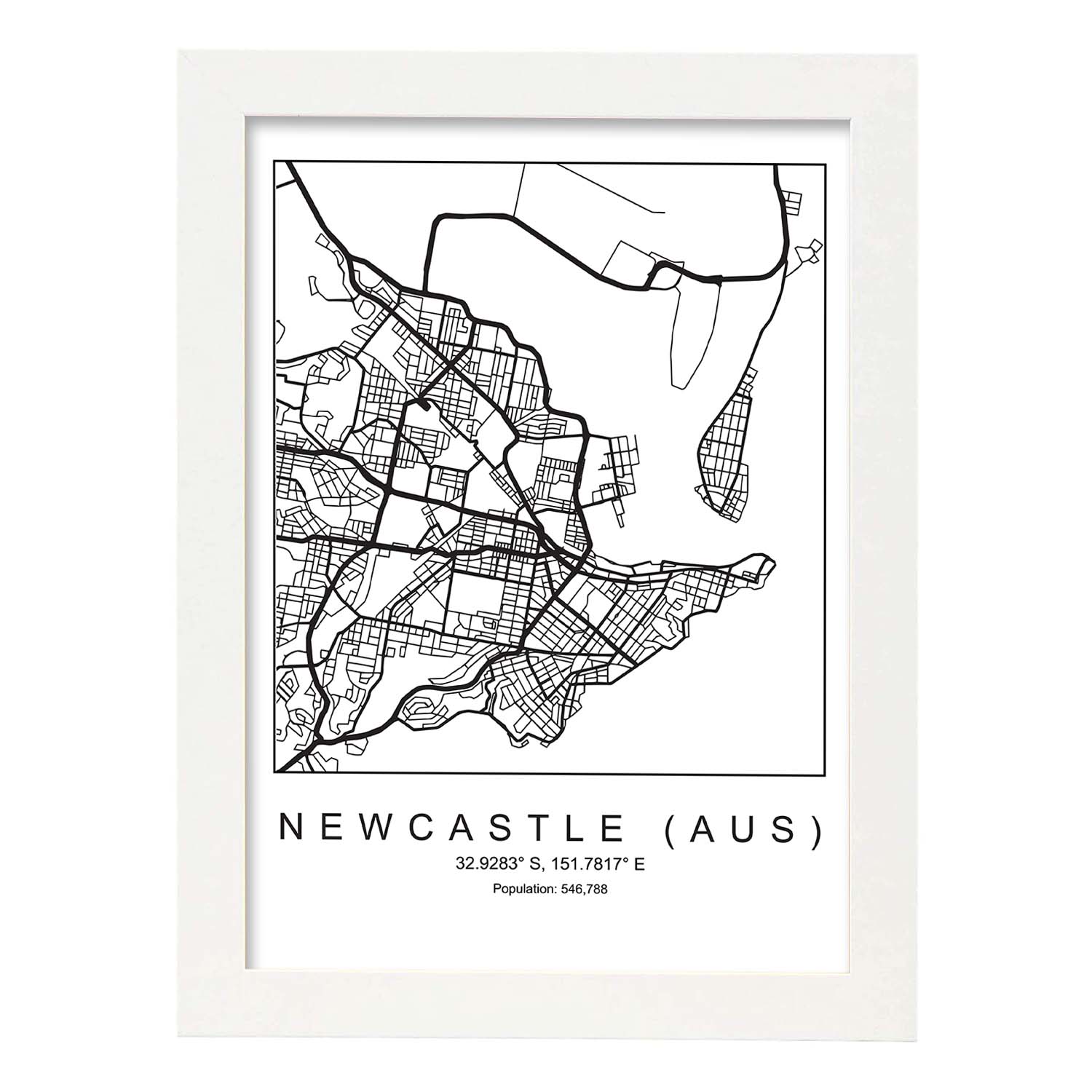 Lámina mapa de la ciudad Newcastle (aus) estilo nordico en blanco y negro.-Artwork-Nacnic-A4-Marco Blanco-Nacnic Estudio SL