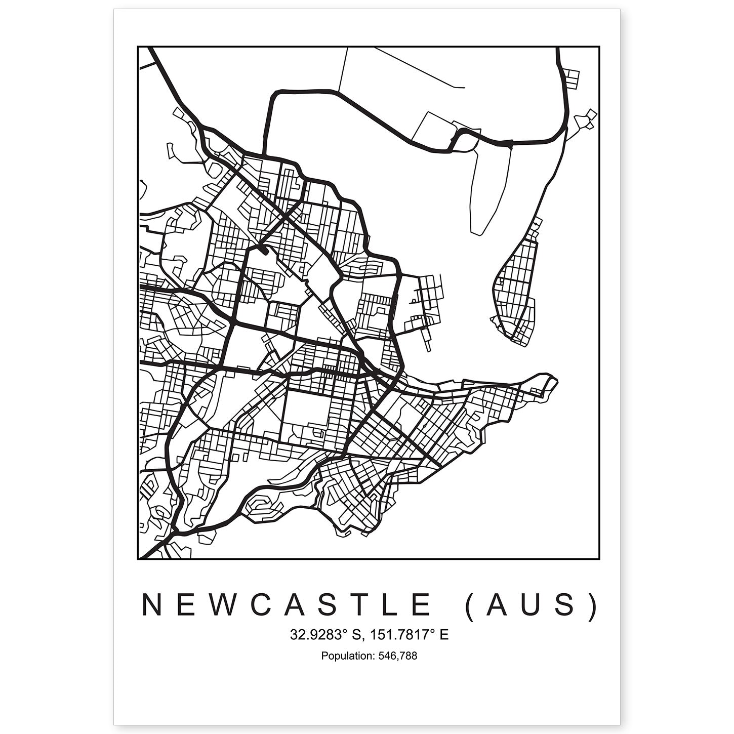Lámina mapa de la ciudad Newcastle (aus) estilo nordico en blanco y negro.-Artwork-Nacnic-A4-Sin marco-Nacnic Estudio SL