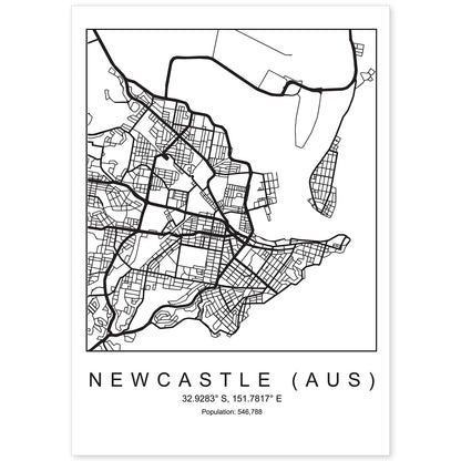 Lámina mapa de la ciudad Newcastle (aus) estilo nordico en blanco y negro.-Artwork-Nacnic-A4-Sin marco-Nacnic Estudio SL
