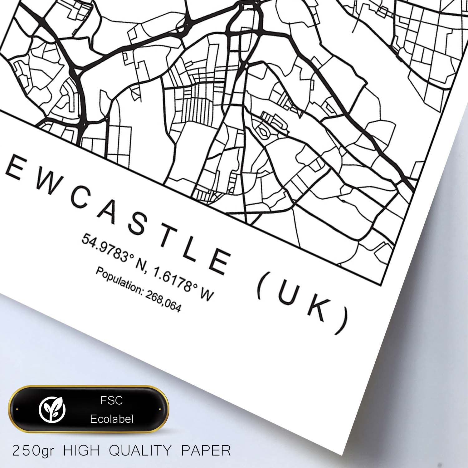 Lámina mapa de la ciudad Newcastle uk estilo nordico en blanco y negro.-Artwork-Nacnic-Nacnic Estudio SL