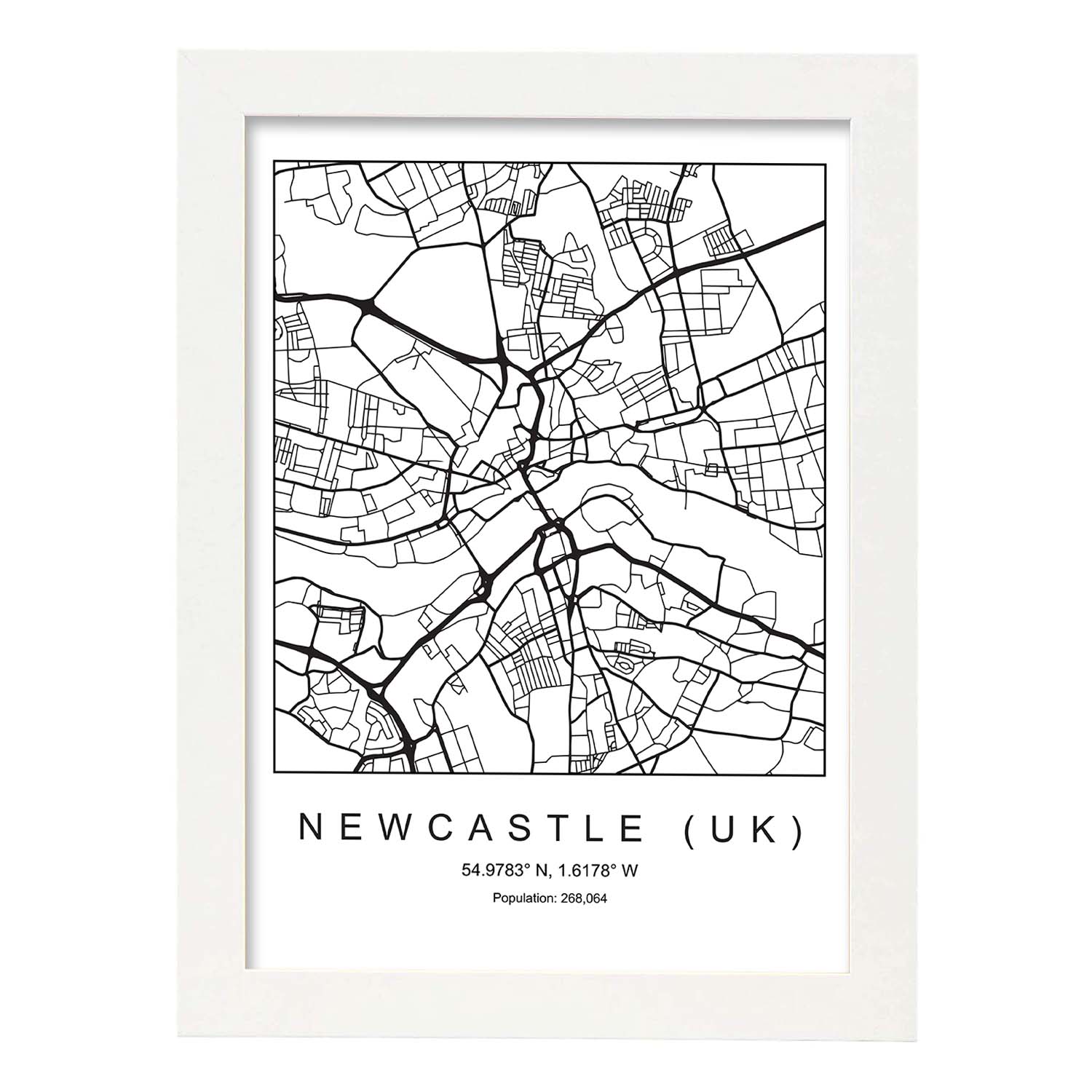 Lámina mapa de la ciudad Newcastle uk estilo nordico en blanco y negro.-Artwork-Nacnic-A3-Marco Blanco-Nacnic Estudio SL