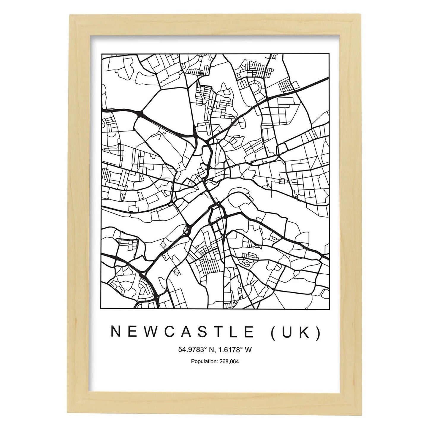 Lámina mapa de la ciudad Newcastle uk estilo nordico en blanco y negro.-Artwork-Nacnic-A3-Marco Madera clara-Nacnic Estudio SL