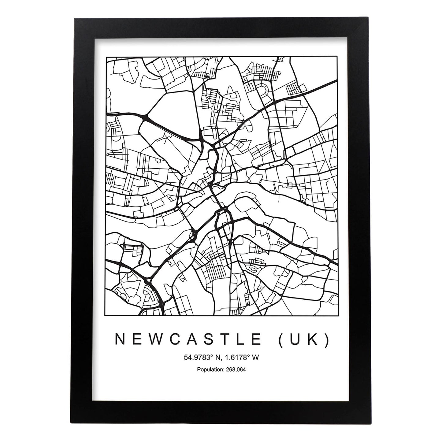 Lámina mapa de la ciudad Newcastle uk estilo nordico en blanco y negro.-Artwork-Nacnic-A3-Marco Negro-Nacnic Estudio SL