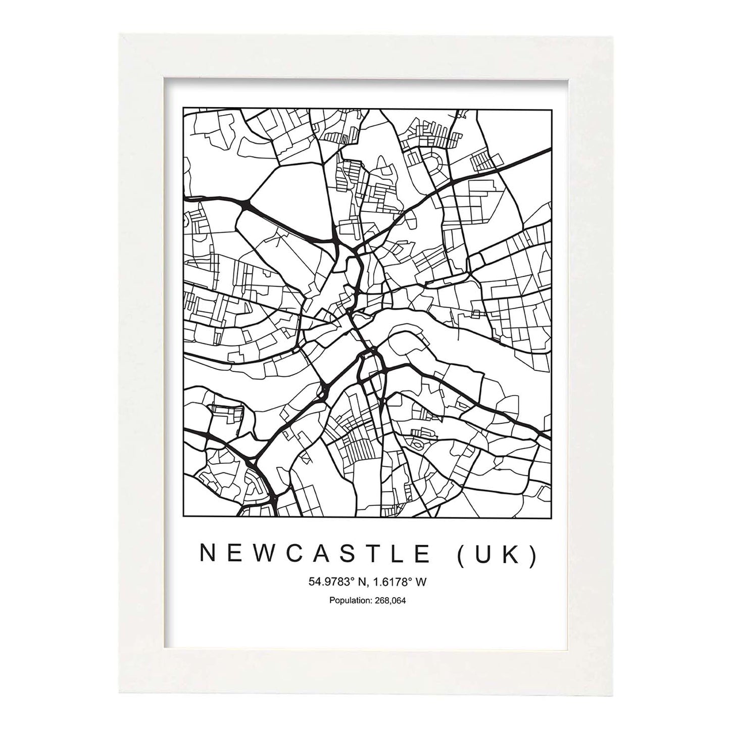 Lámina mapa de la ciudad Newcastle uk estilo nordico en blanco y negro.-Artwork-Nacnic-A4-Marco Blanco-Nacnic Estudio SL