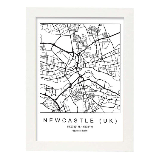 Lámina mapa de la ciudad Newcastle uk estilo nordico en blanco y negro.-Artwork-Nacnic-A4-Marco Blanco-Nacnic Estudio SL