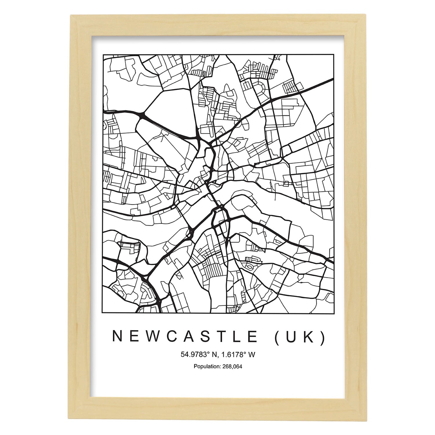 Lámina mapa de la ciudad Newcastle uk estilo nordico en blanco y negro.-Artwork-Nacnic-A4-Marco Madera clara-Nacnic Estudio SL