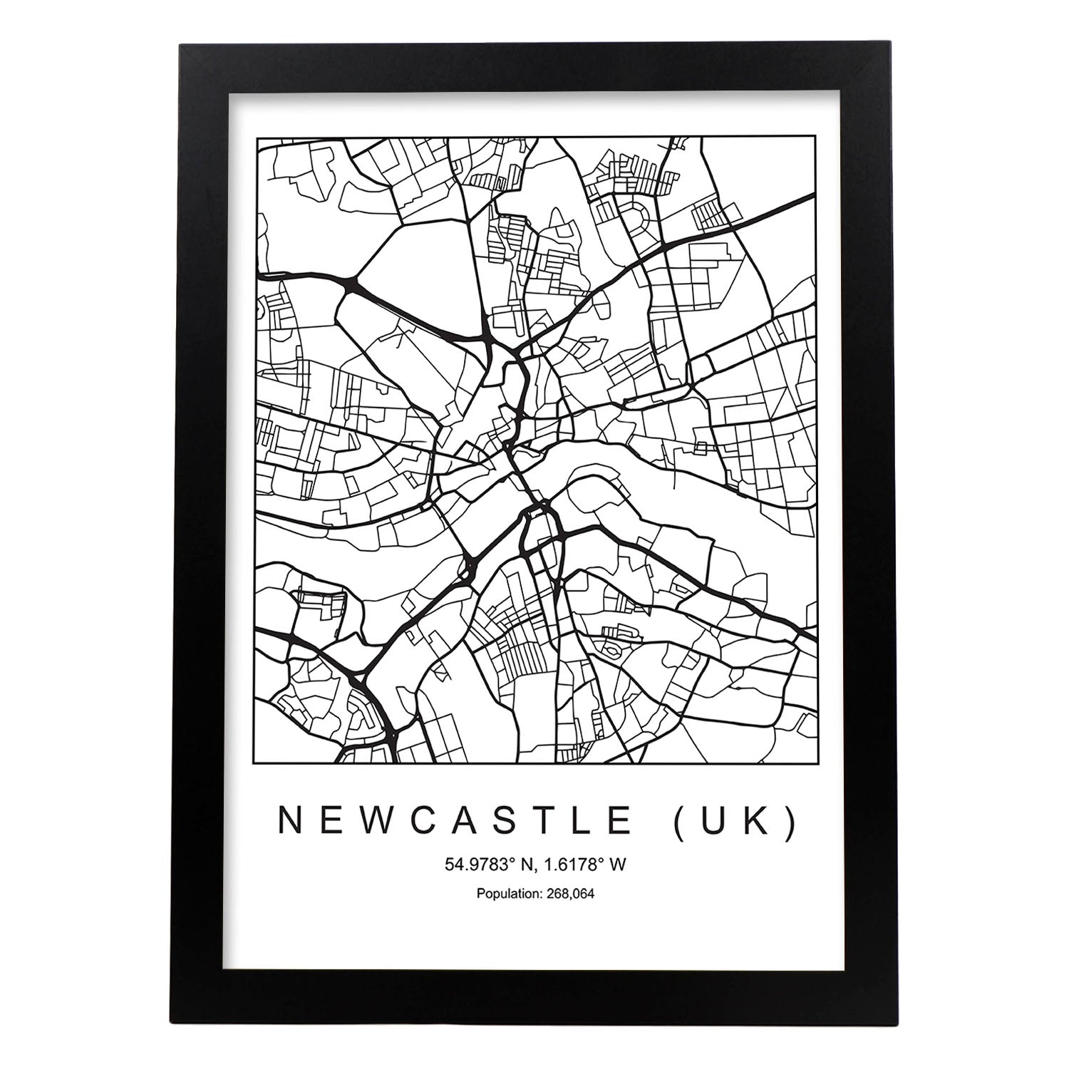 Lámina mapa de la ciudad Newcastle uk estilo nordico en blanco y negro.-Artwork-Nacnic-A4-Marco Negro-Nacnic Estudio SL