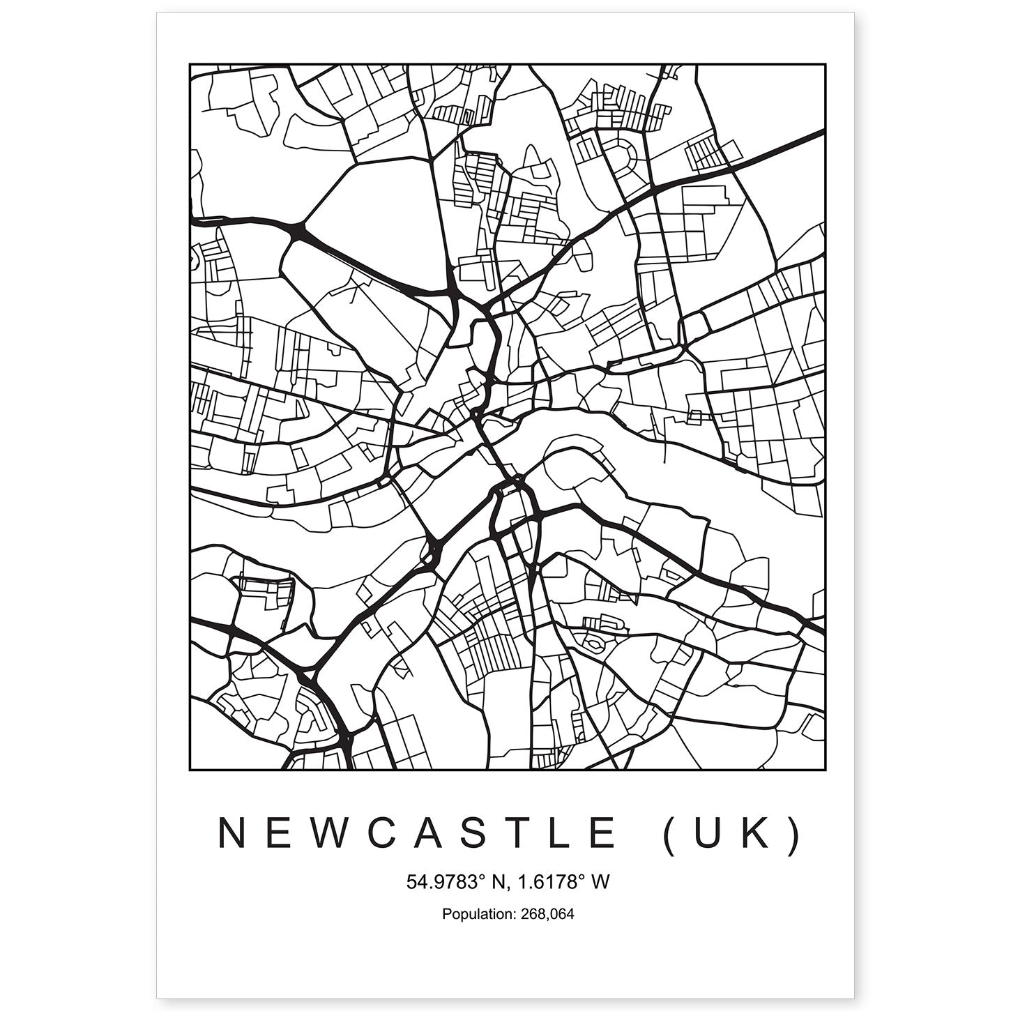 Lámina mapa de la ciudad Newcastle uk estilo nordico en blanco y negro.-Artwork-Nacnic-A4-Sin marco-Nacnic Estudio SL