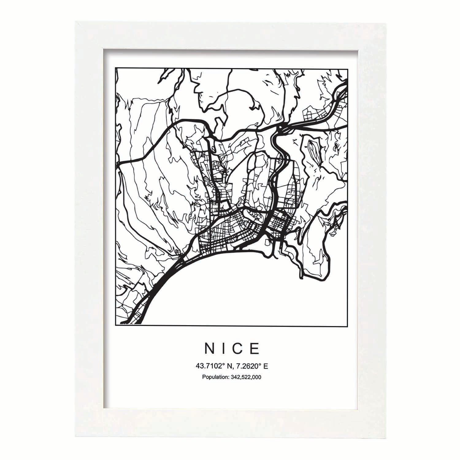 Lámina mapa de la ciudad Nice estilo nordico en blanco y negro.-Artwork-Nacnic-A3-Marco Blanco-Nacnic Estudio SL
