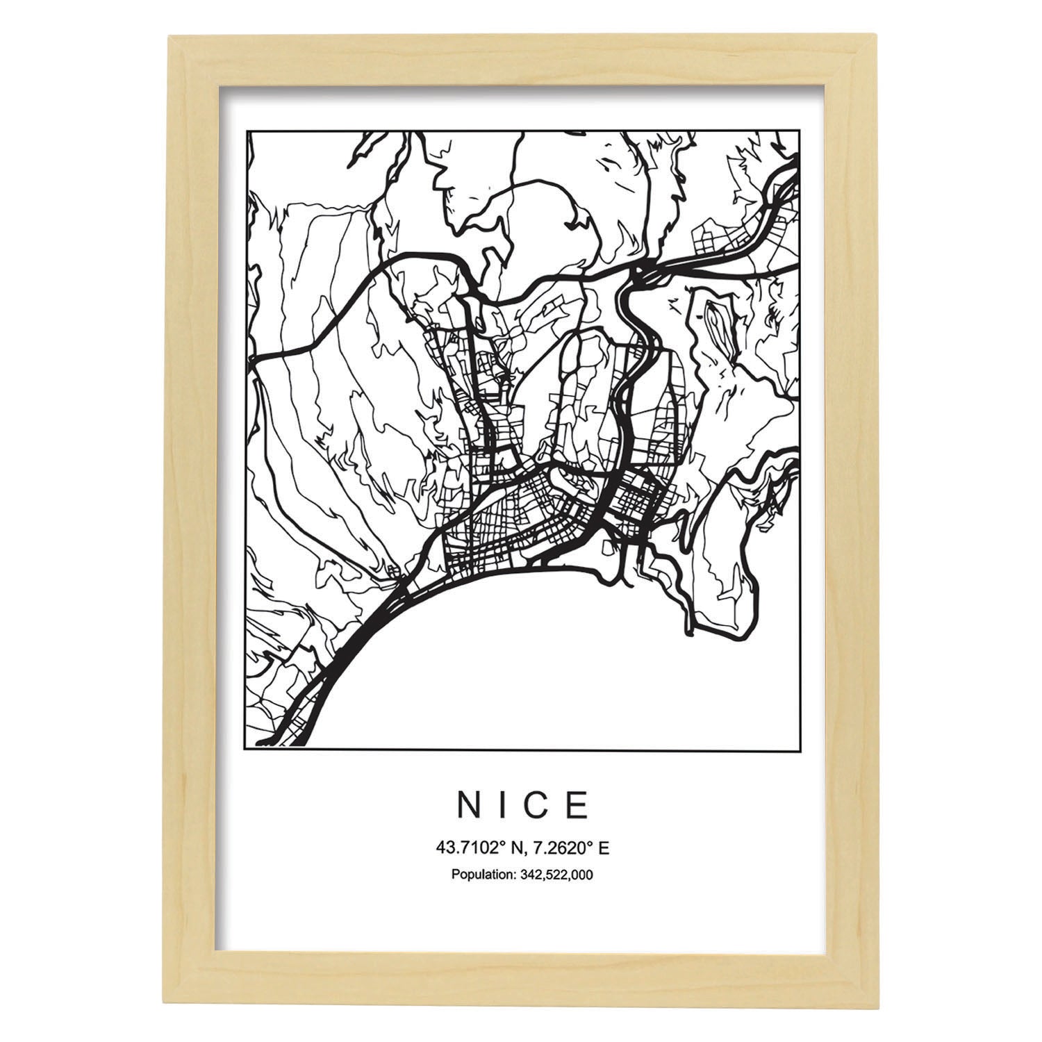 Lámina mapa de la ciudad Nice estilo nordico en blanco y negro.-Artwork-Nacnic-A3-Marco Madera clara-Nacnic Estudio SL