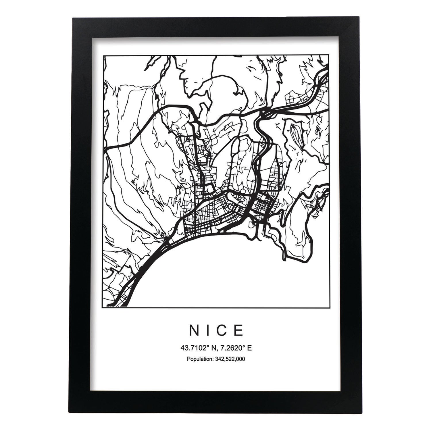 Lámina mapa de la ciudad Nice estilo nordico en blanco y negro.-Artwork-Nacnic-A3-Marco Negro-Nacnic Estudio SL