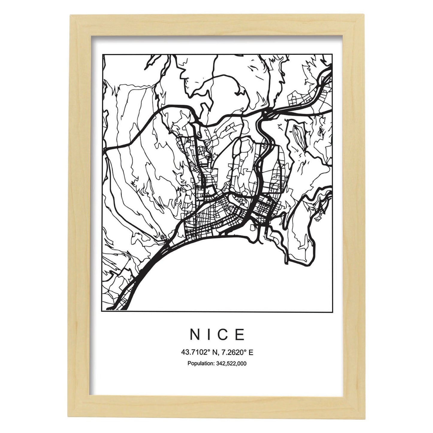 Lámina mapa de la ciudad Nice estilo nordico en blanco y negro.-Artwork-Nacnic-A4-Marco Madera clara-Nacnic Estudio SL