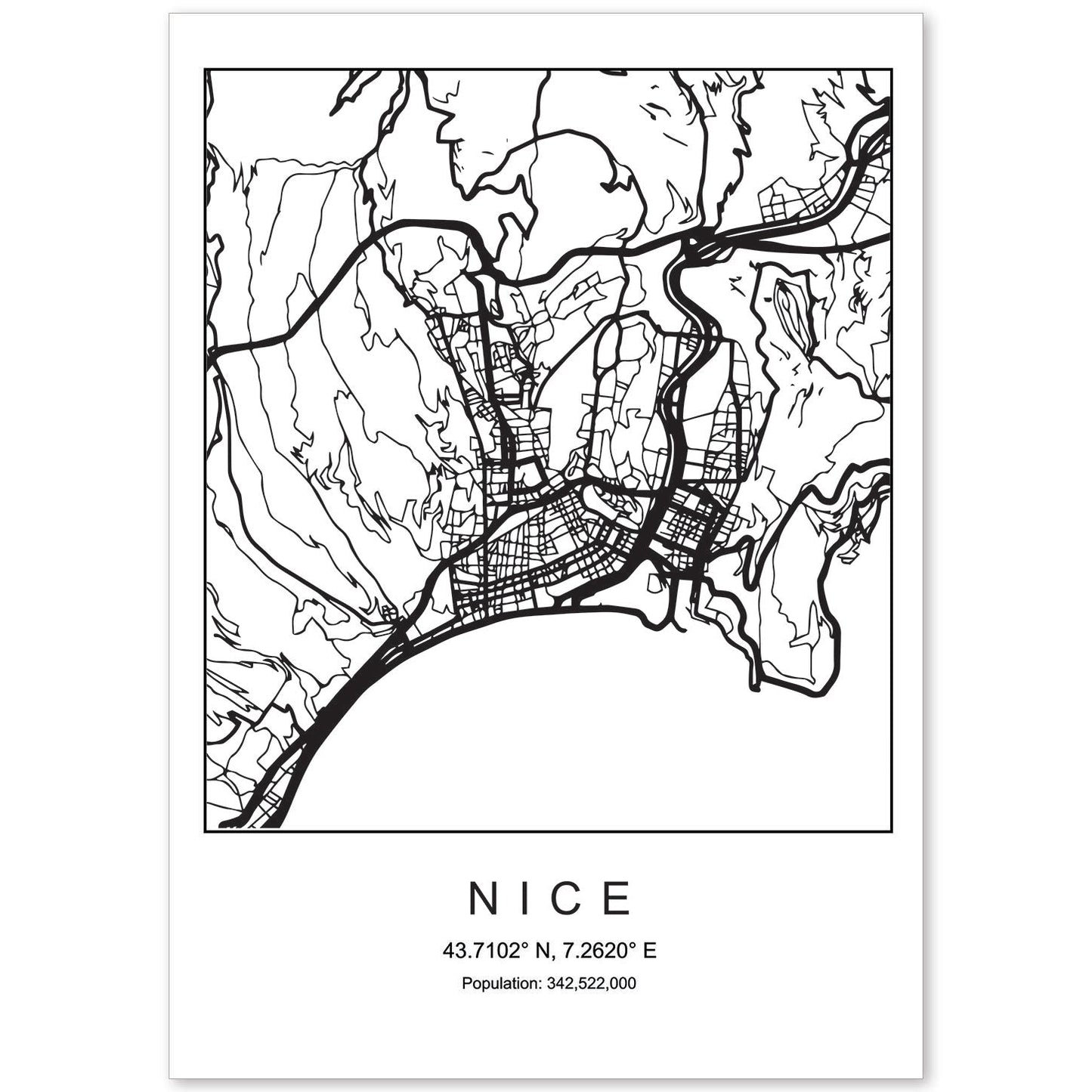 Lámina mapa de la ciudad Nice estilo nordico en blanco y negro.-Artwork-Nacnic-A4-Sin marco-Nacnic Estudio SL
