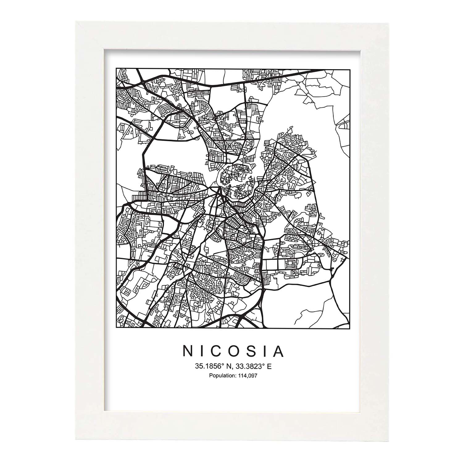 Lámina mapa de la ciudad Nicosia estilo nordico en blanco y negro.-Artwork-Nacnic-A3-Marco Blanco-Nacnic Estudio SL