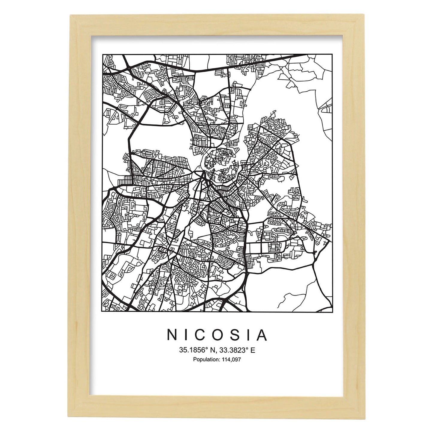 Lámina mapa de la ciudad Nicosia estilo nordico en blanco y negro.-Artwork-Nacnic-A3-Marco Madera clara-Nacnic Estudio SL