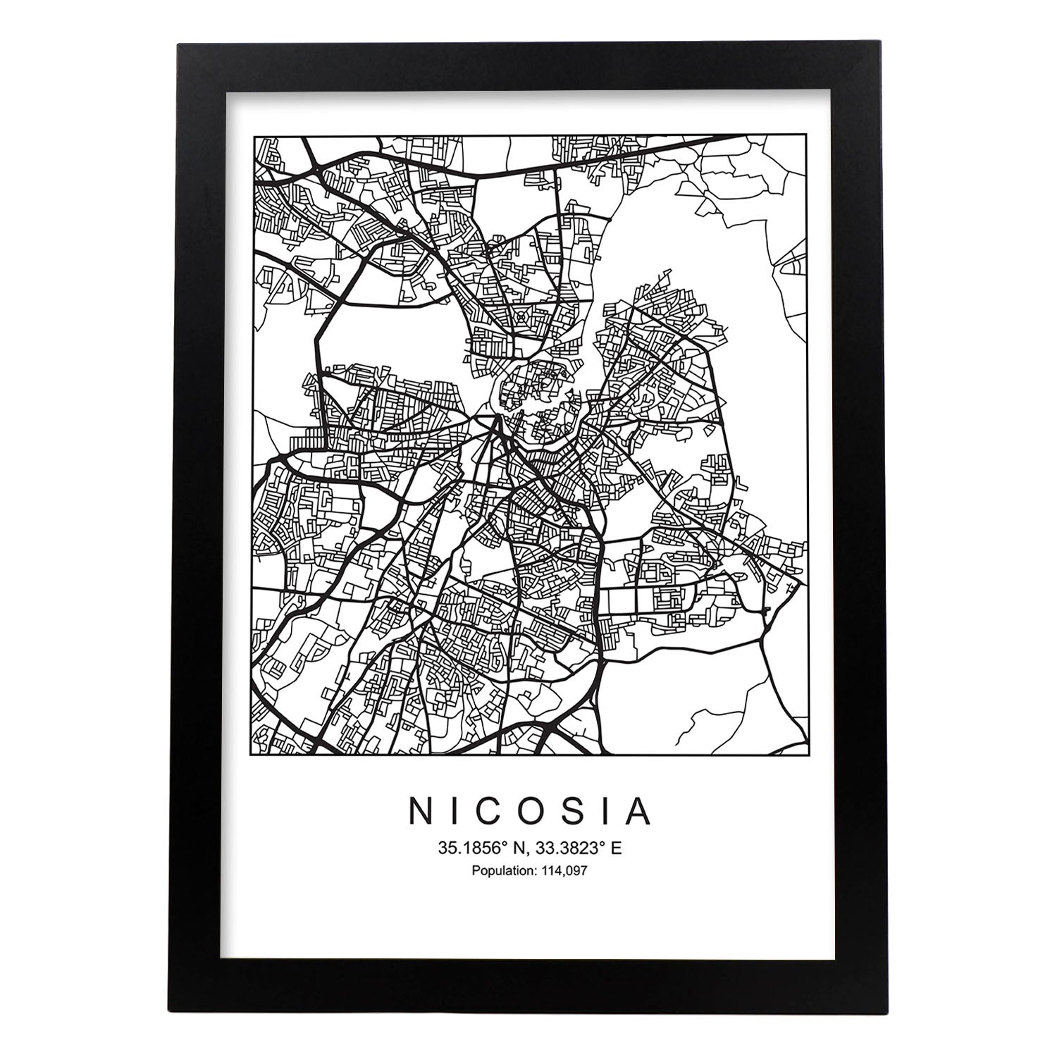 Lámina mapa de la ciudad Nicosia estilo nordico en blanco y negro.-Artwork-Nacnic-A3-Marco Negro-Nacnic Estudio SL