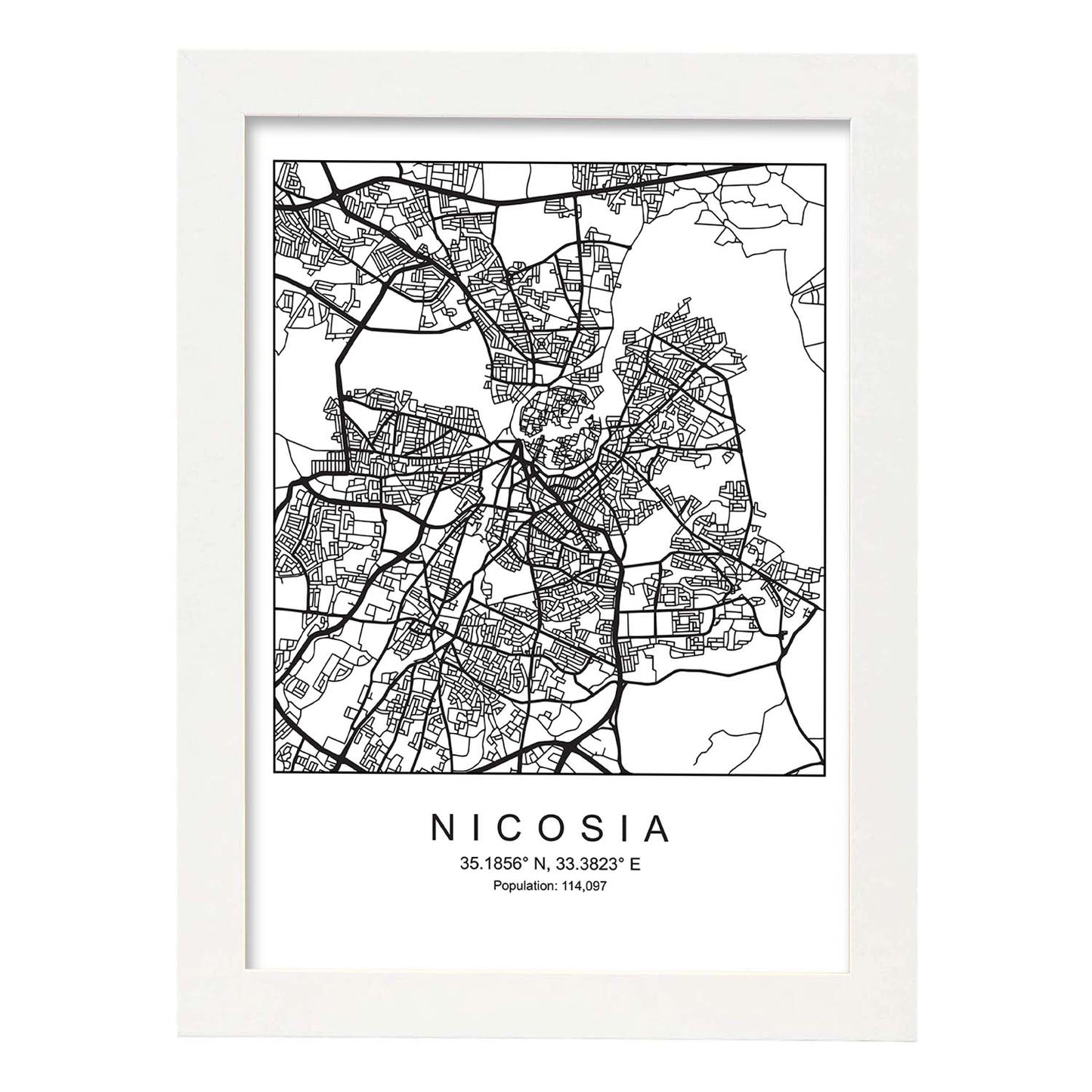 Lámina mapa de la ciudad Nicosia estilo nordico en blanco y negro.-Artwork-Nacnic-A4-Marco Blanco-Nacnic Estudio SL