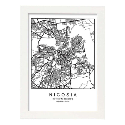 Lámina mapa de la ciudad Nicosia estilo nordico en blanco y negro.-Artwork-Nacnic-A4-Marco Blanco-Nacnic Estudio SL