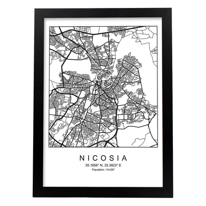 Lámina mapa de la ciudad Nicosia estilo nordico en blanco y negro.-Artwork-Nacnic-A4-Marco Negro-Nacnic Estudio SL