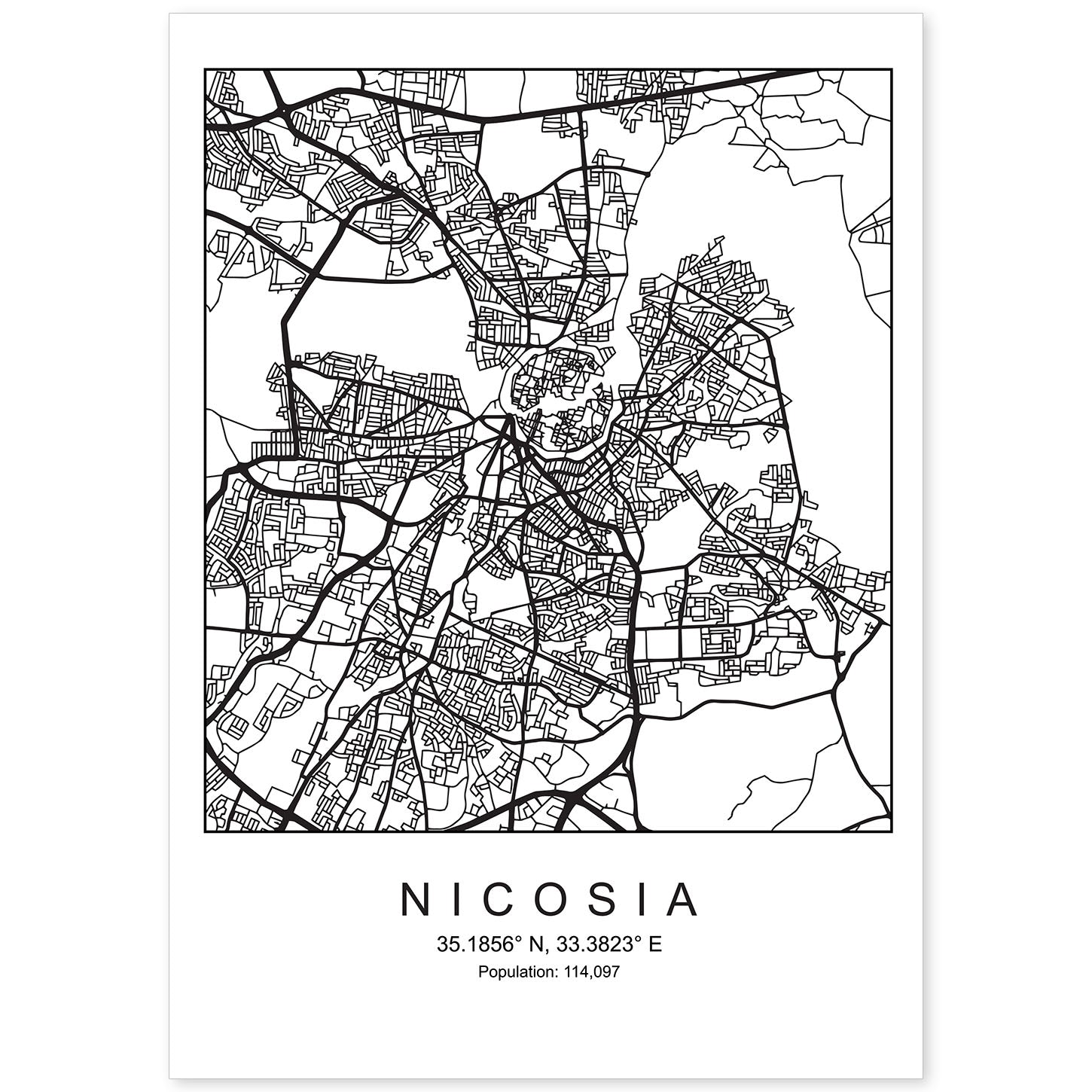 Lámina mapa de la ciudad Nicosia estilo nordico en blanco y negro.-Artwork-Nacnic-A4-Sin marco-Nacnic Estudio SL
