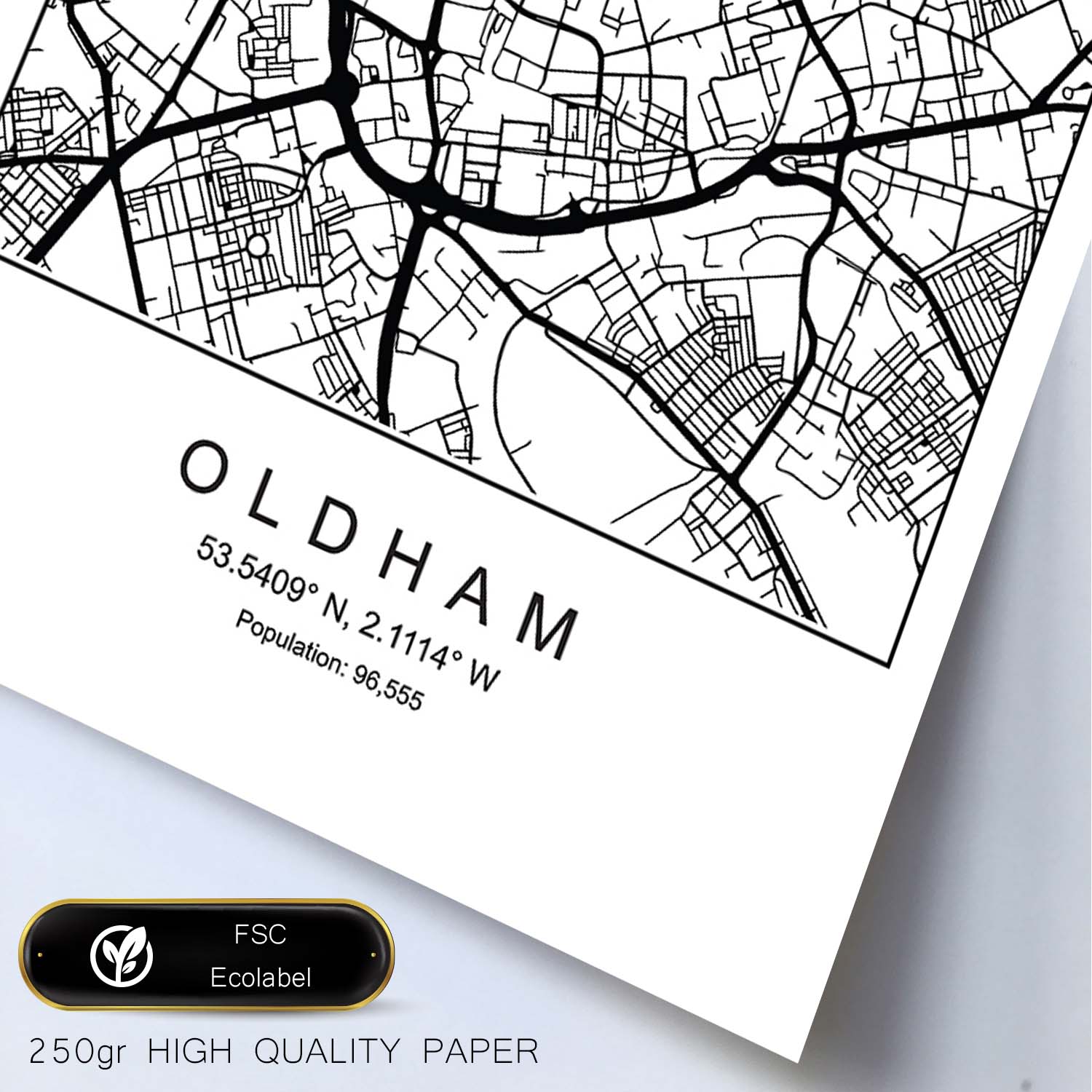 Lámina mapa de la ciudad Oldham estilo nordico en blanco y negro.-Artwork-Nacnic-Nacnic Estudio SL