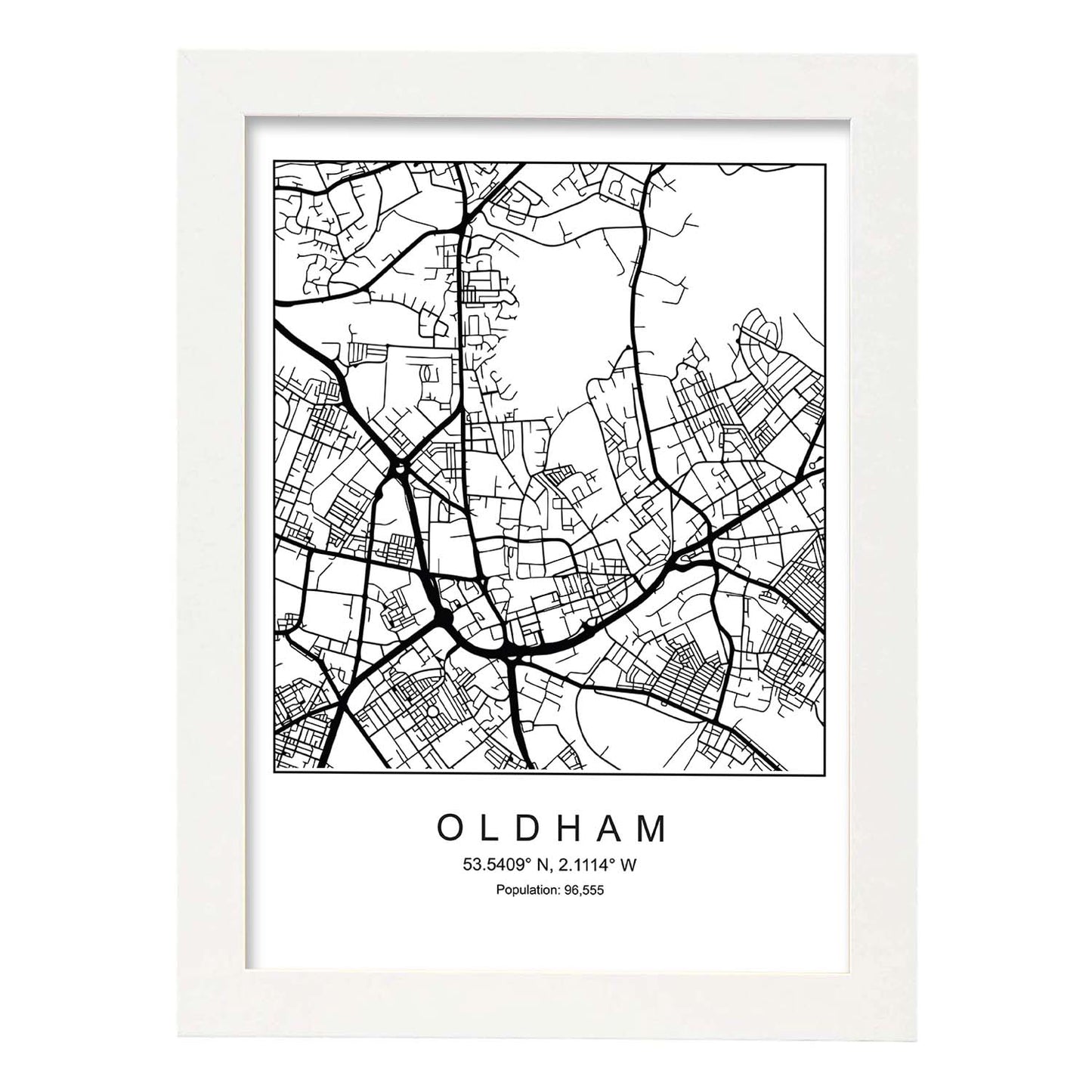 Lámina mapa de la ciudad Oldham estilo nordico en blanco y negro.-Artwork-Nacnic-A3-Marco Blanco-Nacnic Estudio SL