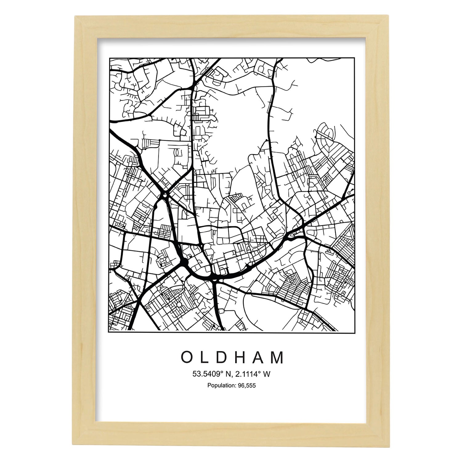 Lámina mapa de la ciudad Oldham estilo nordico en blanco y negro.-Artwork-Nacnic-A3-Marco Madera clara-Nacnic Estudio SL