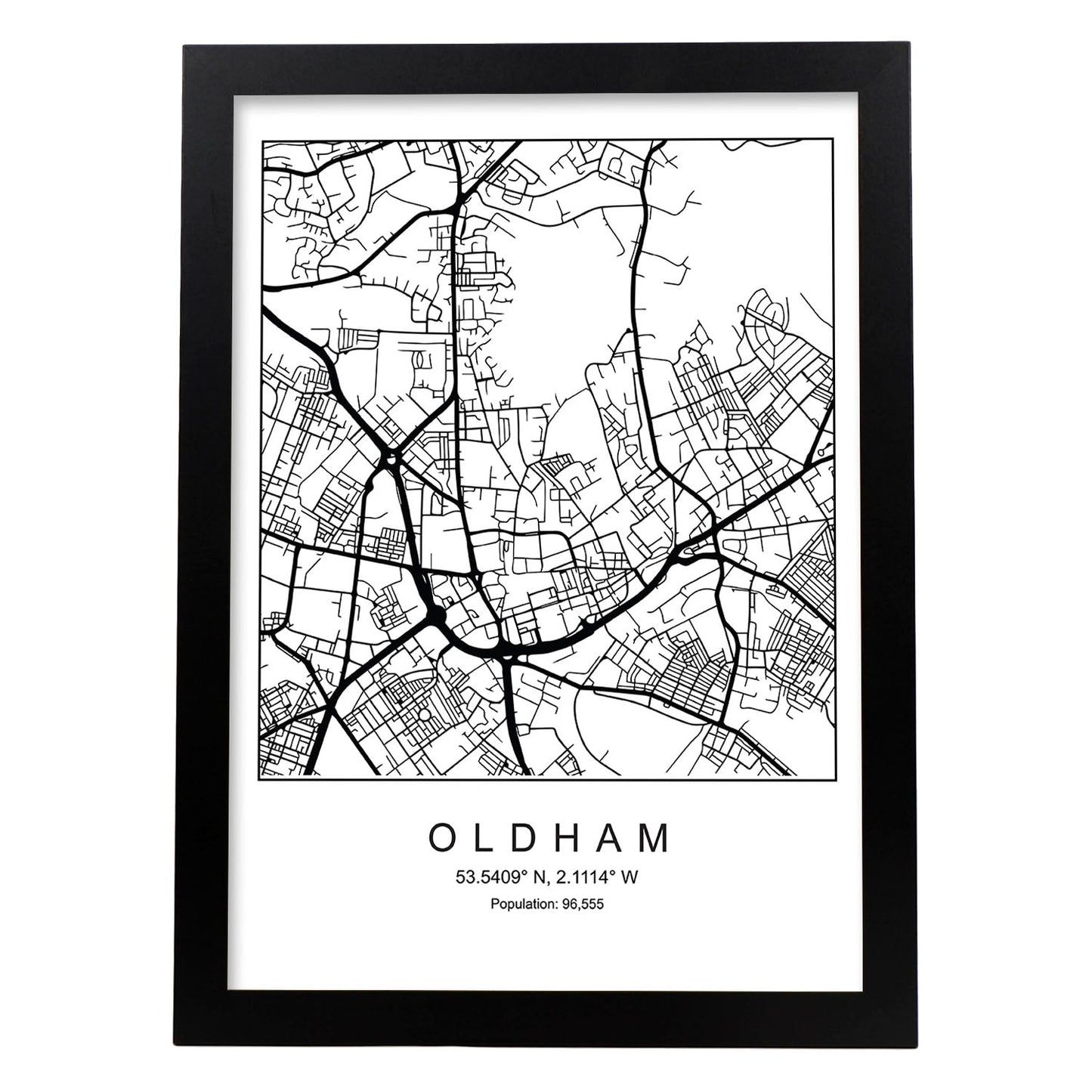 Lámina mapa de la ciudad Oldham estilo nordico en blanco y negro.-Artwork-Nacnic-A3-Marco Negro-Nacnic Estudio SL