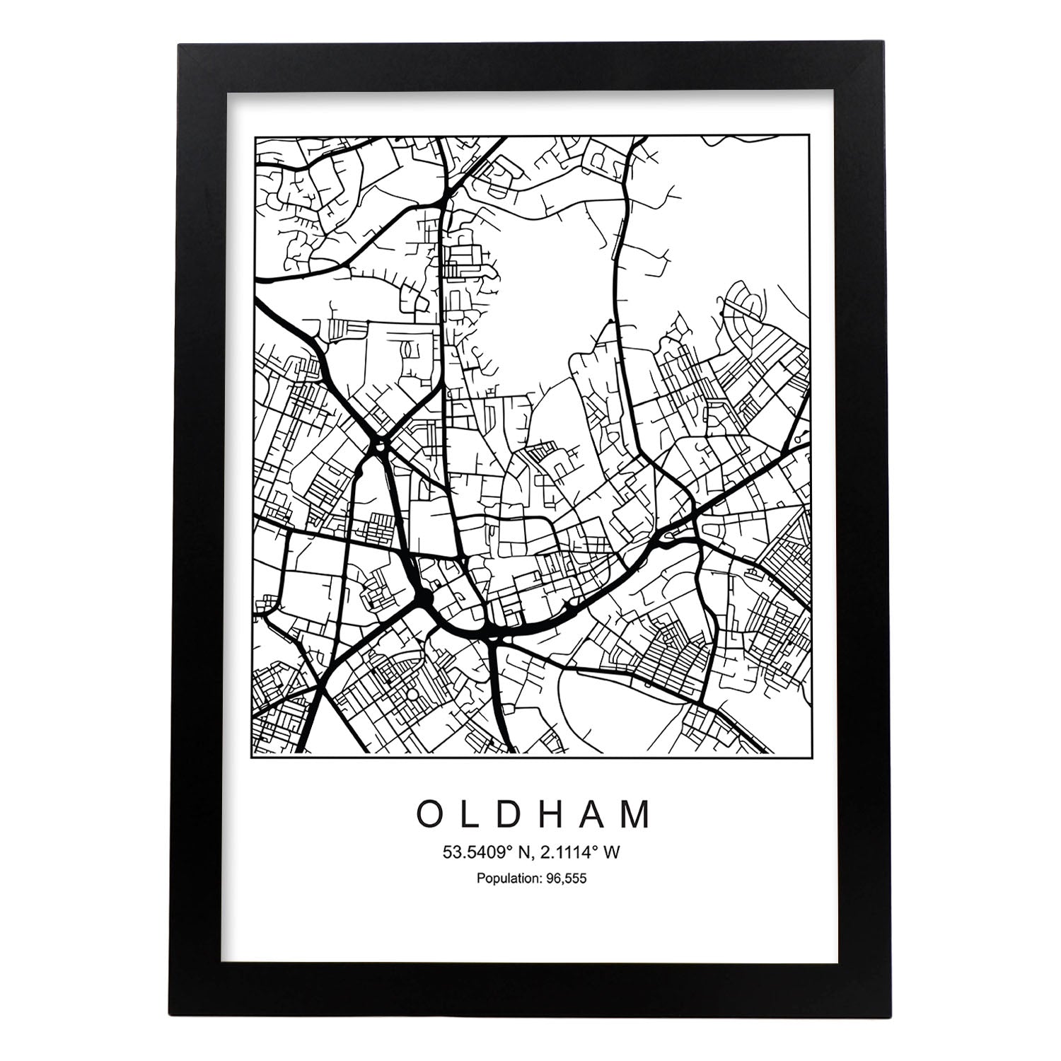 Lámina mapa de la ciudad Oldham estilo nordico en blanco y negro.-Artwork-Nacnic-A3-Marco Negro-Nacnic Estudio SL