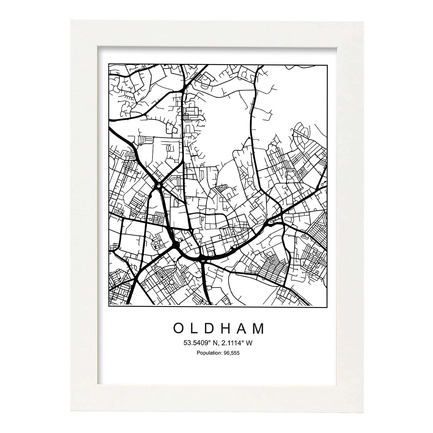 Lámina mapa de la ciudad Oldham estilo nordico en blanco y negro.-Artwork-Nacnic-A4-Marco Blanco-Nacnic Estudio SL