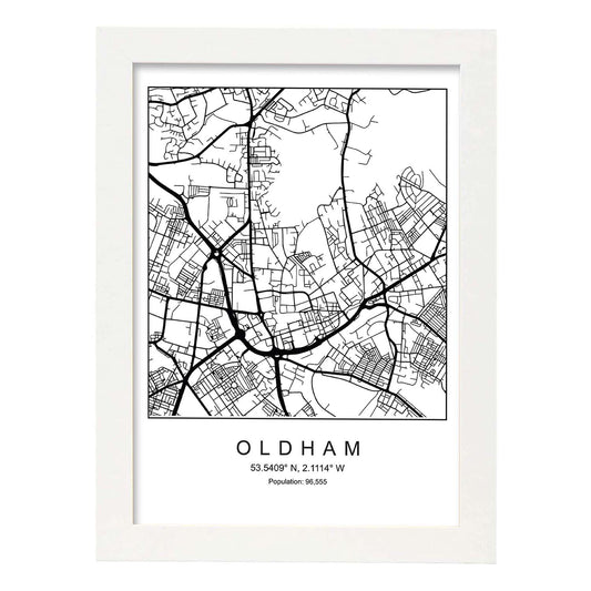 Lámina mapa de la ciudad Oldham estilo nordico en blanco y negro.-Artwork-Nacnic-A4-Marco Blanco-Nacnic Estudio SL