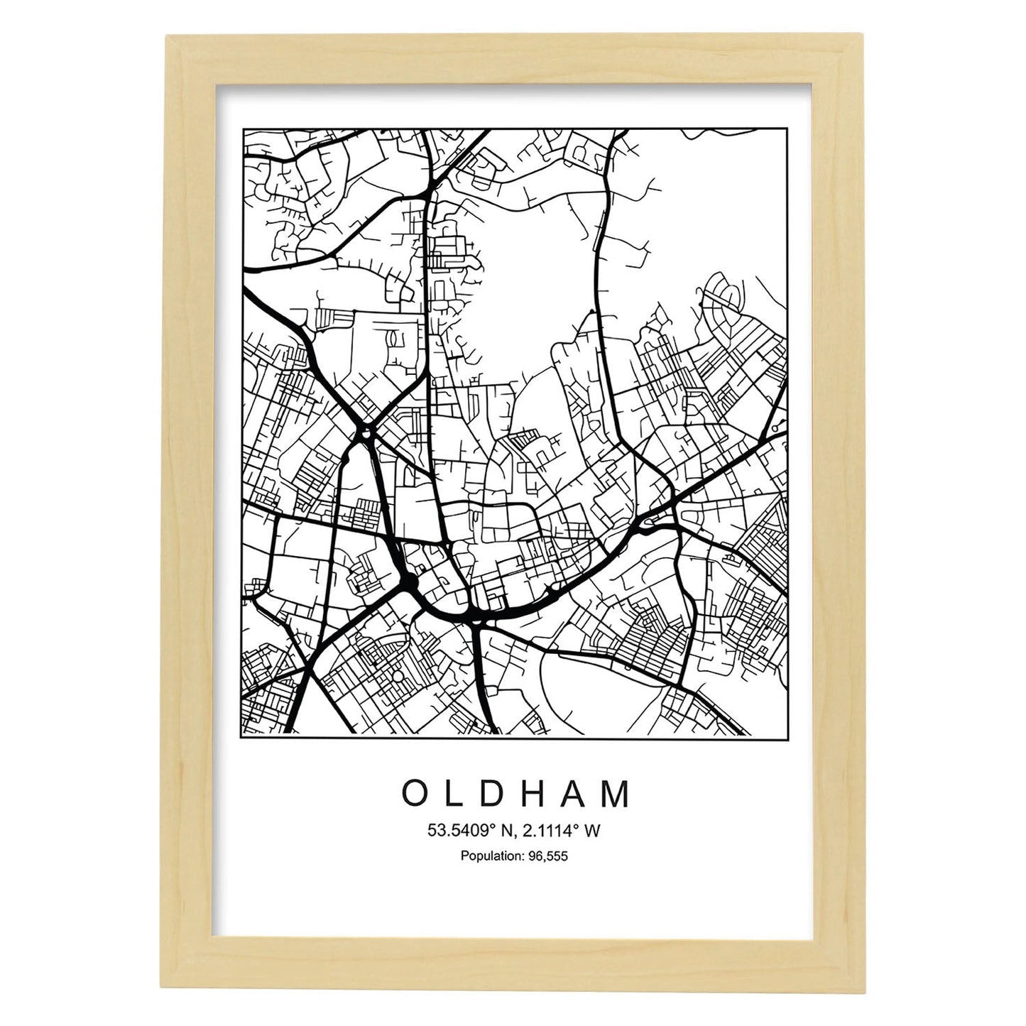 Lámina mapa de la ciudad Oldham estilo nordico en blanco y negro.-Artwork-Nacnic-A4-Marco Madera clara-Nacnic Estudio SL