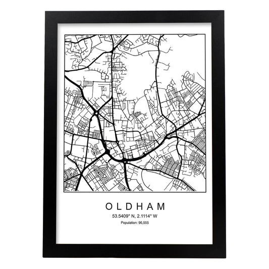 Lámina mapa de la ciudad Oldham estilo nordico en blanco y negro.-Artwork-Nacnic-A4-Marco Negro-Nacnic Estudio SL