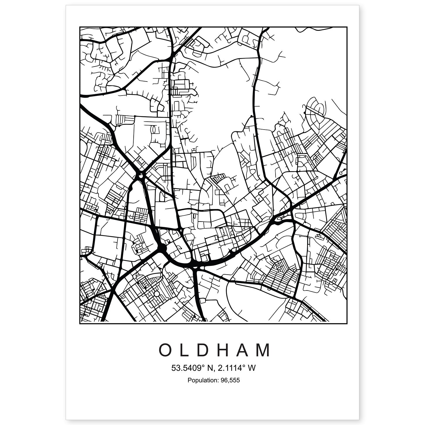 Lámina mapa de la ciudad Oldham estilo nordico en blanco y negro.-Artwork-Nacnic-A4-Sin marco-Nacnic Estudio SL