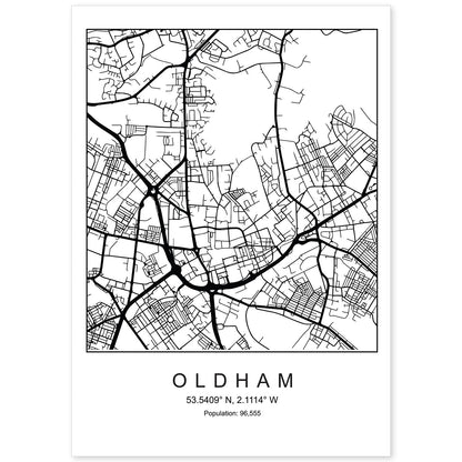 Lámina mapa de la ciudad Oldham estilo nordico en blanco y negro.-Artwork-Nacnic-A4-Sin marco-Nacnic Estudio SL