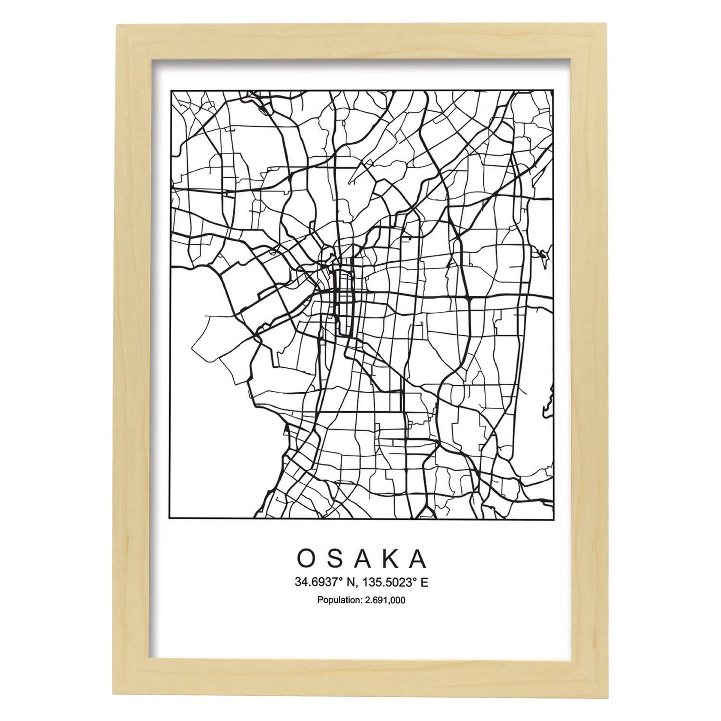 Lámina mapa de la ciudad Osaka (3) estilo nordico en blanco y negro.-Artwork-Nacnic-A3-Marco Madera clara-Nacnic Estudio SL