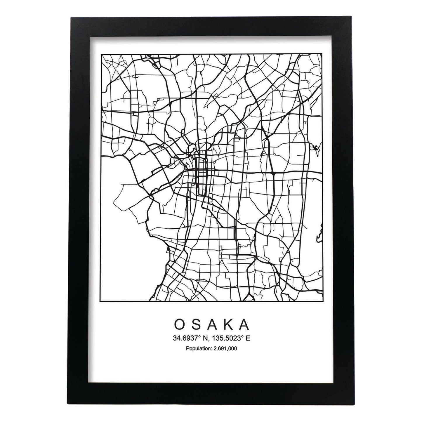 Lámina mapa de la ciudad Osaka (3) estilo nordico en blanco y negro.-Artwork-Nacnic-A3-Marco Negro-Nacnic Estudio SL