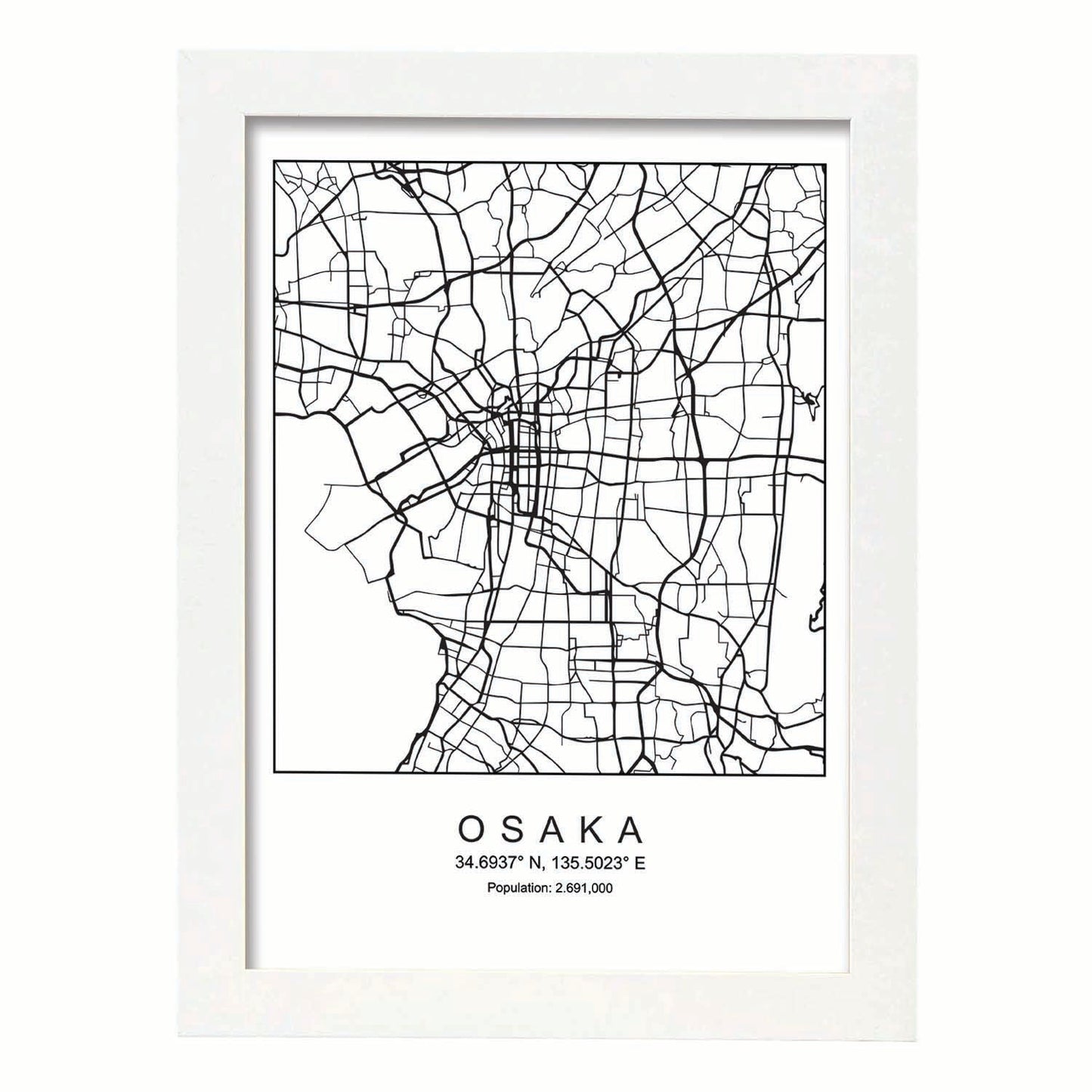 Lámina mapa de la ciudad Osaka (3) estilo nordico en blanco y negro.-Artwork-Nacnic-A4-Marco Blanco-Nacnic Estudio SL