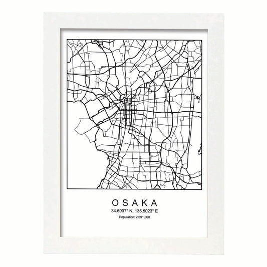 Lámina mapa de la ciudad Osaka (3) estilo nordico en blanco y negro.-Artwork-Nacnic-A4-Marco Blanco-Nacnic Estudio SL