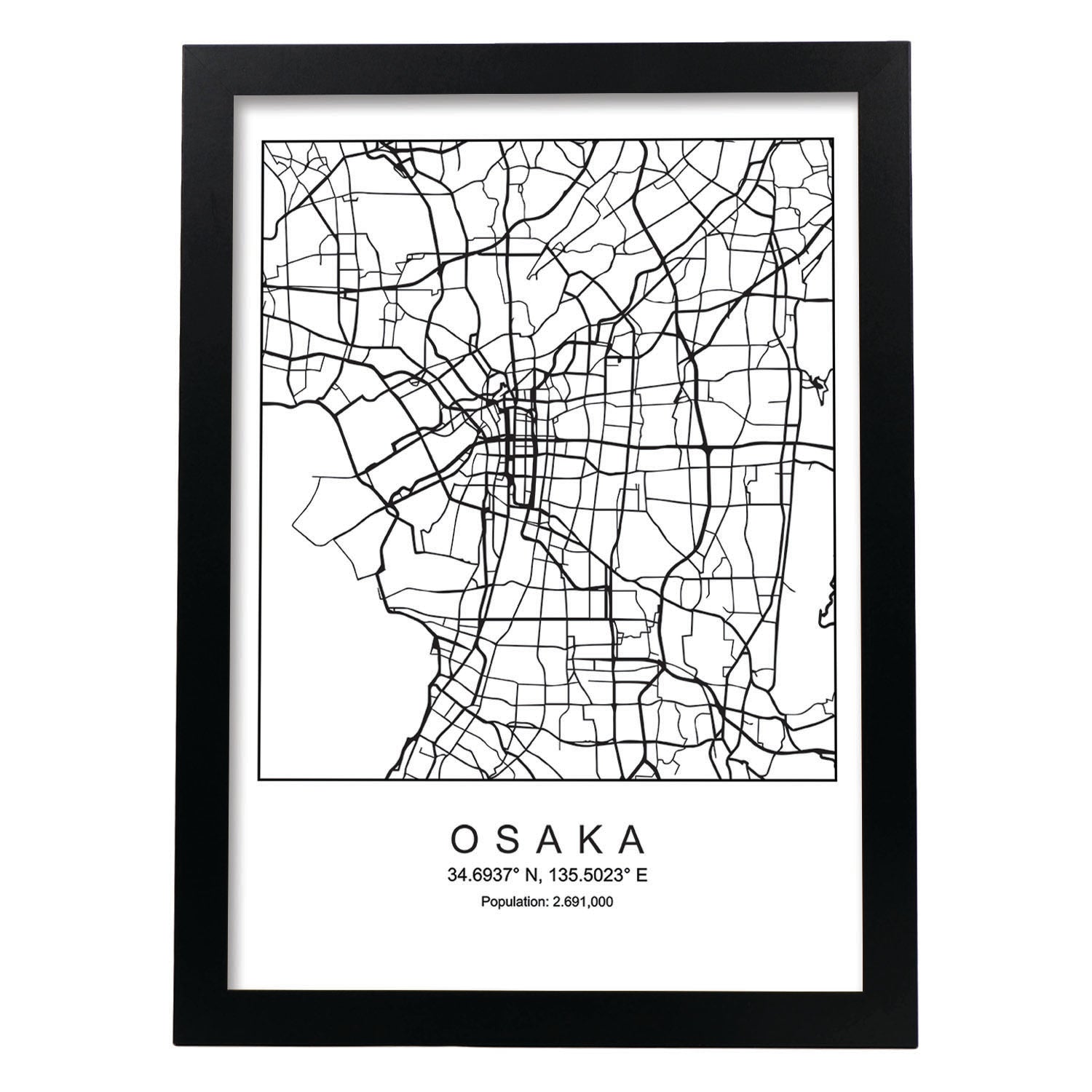 Lámina mapa de la ciudad Osaka (3) estilo nordico en blanco y negro.-Artwork-Nacnic-A4-Marco Negro-Nacnic Estudio SL