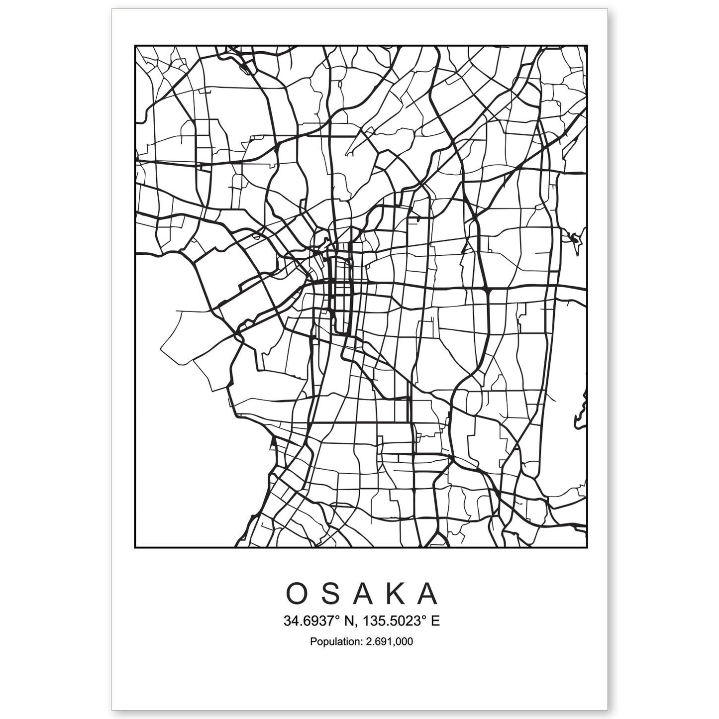 Lámina mapa de la ciudad Osaka (3) estilo nordico en blanco y negro.-Artwork-Nacnic-A4-Sin marco-Nacnic Estudio SL
