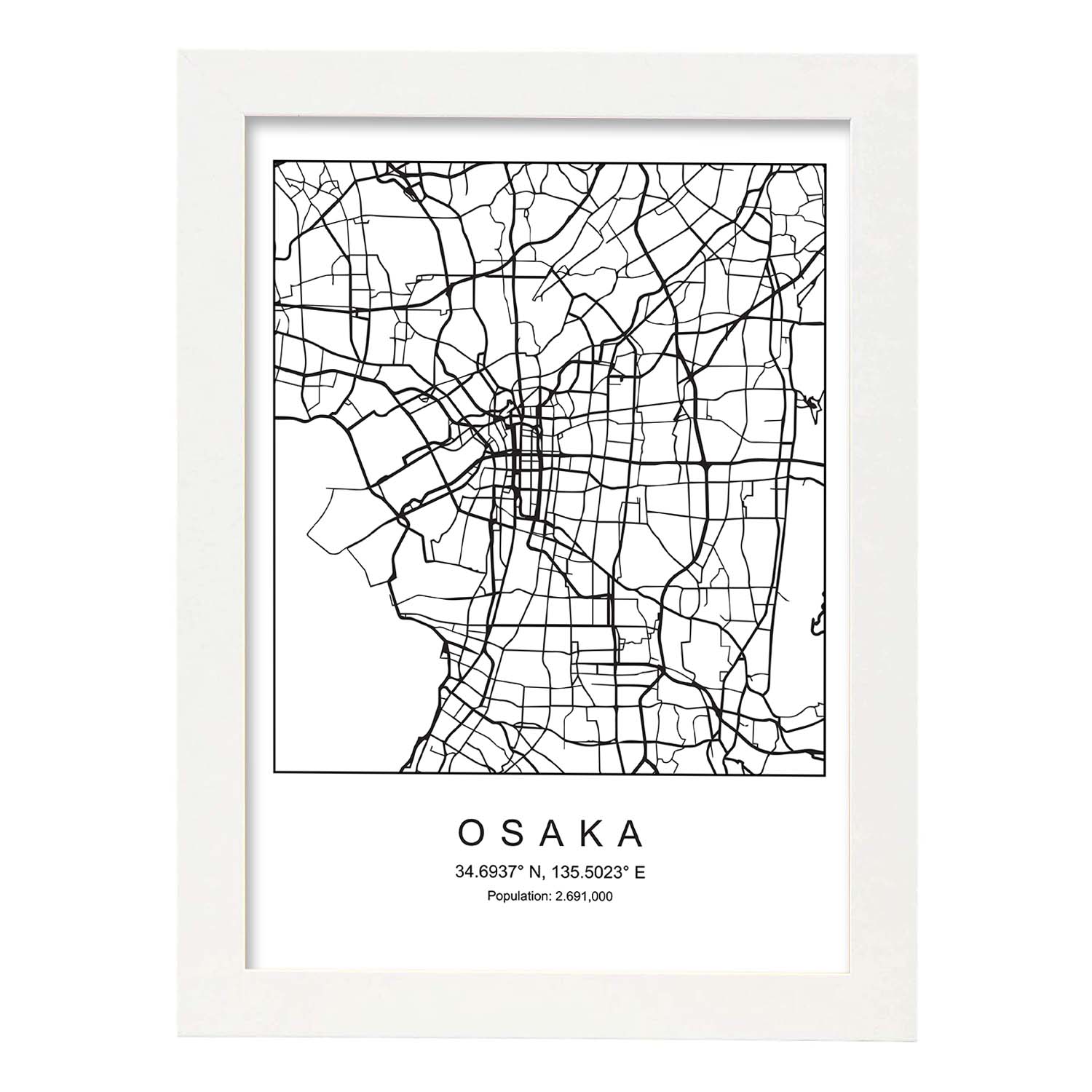 Lámina mapa de la ciudad Osaka estilo nordico en blanco y negro.-Artwork-Nacnic-A3-Marco Blanco-Nacnic Estudio SL