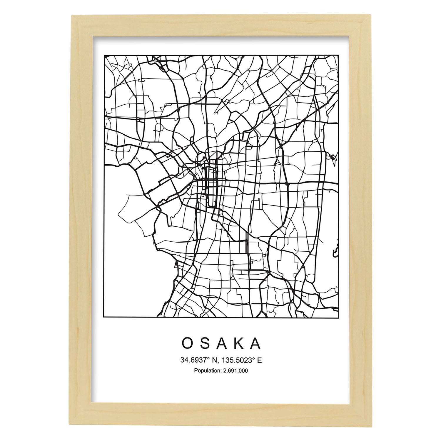 Lámina mapa de la ciudad Osaka estilo nordico en blanco y negro.-Artwork-Nacnic-A3-Marco Madera clara-Nacnic Estudio SL
