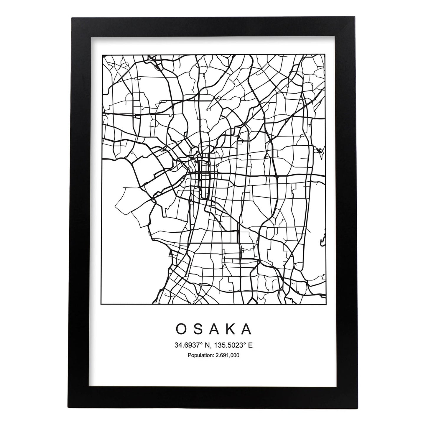Lámina mapa de la ciudad Osaka estilo nordico en blanco y negro.-Artwork-Nacnic-A3-Marco Negro-Nacnic Estudio SL
