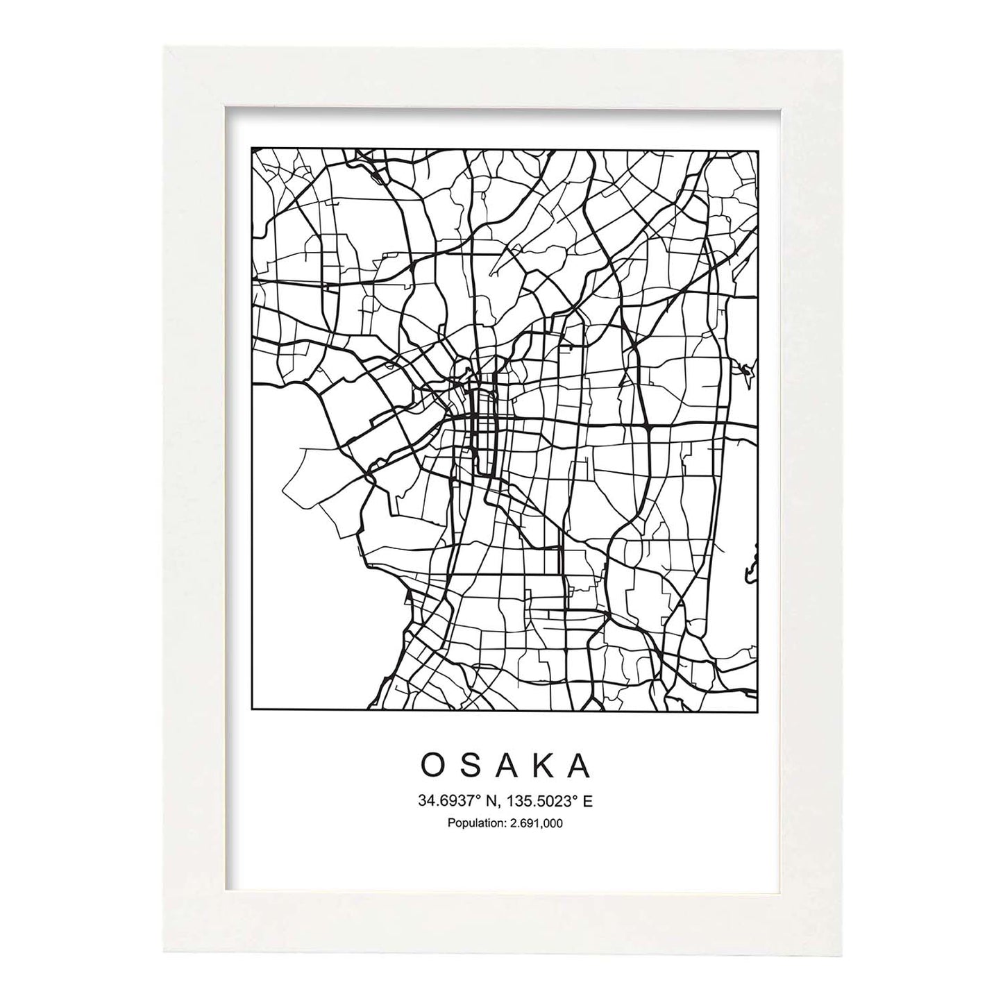 Lámina mapa de la ciudad Osaka estilo nordico en blanco y negro.-Artwork-Nacnic-A4-Marco Blanco-Nacnic Estudio SL