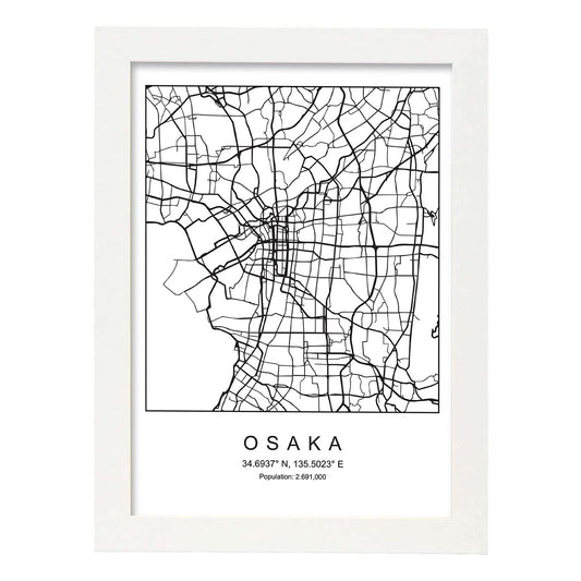 Lámina mapa de la ciudad Osaka estilo nordico en blanco y negro.-Artwork-Nacnic-A4-Marco Blanco-Nacnic Estudio SL