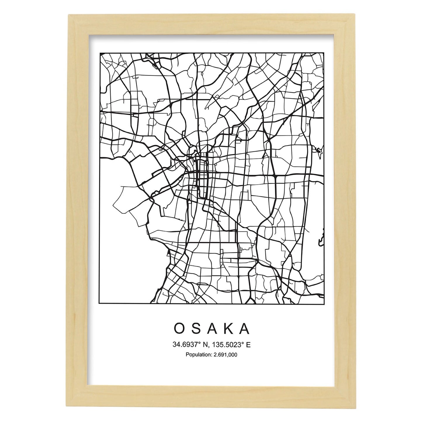 Lámina mapa de la ciudad Osaka estilo nordico en blanco y negro.-Artwork-Nacnic-A4-Marco Madera clara-Nacnic Estudio SL